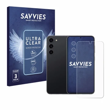 Front side of a product packaging with the brand logo Savvies. Next to it is the device Samsung Galaxy S23 (Front+Camera) show