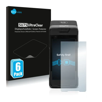 Front side of a product packaging with the brand logo Savvies. Next to it is the device myPOS Carbon shown with the correspond