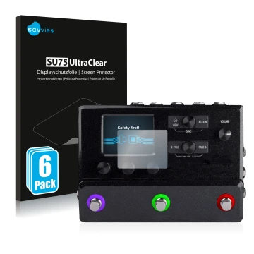 Front side of a product packaging with the brand logo Savvies. Next to it is the device Line 6 hx stomp shown with the corresp