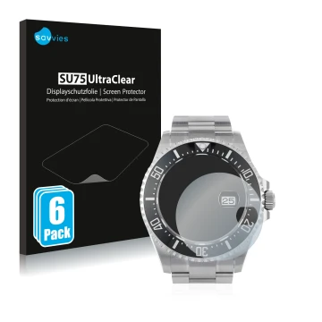 Front side of a product packaging with the brand logo Savvies. Next to it is the device Rolex Sea-Dweller 43mm (Date) shown wi