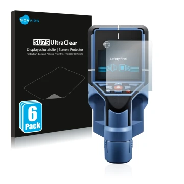 Front side of a product packaging with the brand logo Savvies. Next to it is the device Bosch D-tect 200 C Wallscanner shown w