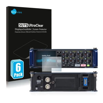 Front side of a product packaging with the brand logo Savvies. Next to it is the device Zoom F8 field recorder shown with the 