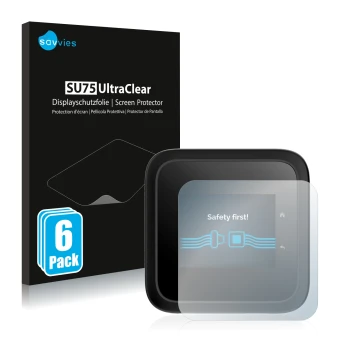 Front side of a product packaging with the brand logo Savvies. Next to it is the device Netgear Nighthawk M6 Pro shown with th