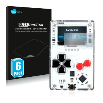 Front side of a product packaging with the brand logo Savvies. Next to it is the device Arduboy FX shown with the correspondin