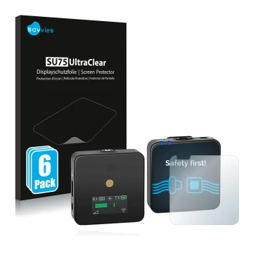 Front side of a product packaging with the brand logo Savvies. Next to it is the device Rode Wireless GO II shown with the cor