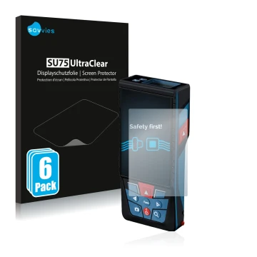 Front side of a product packaging with the brand logo Savvies. Next to it is the device Bosch GLM 150-27c shown with the corre