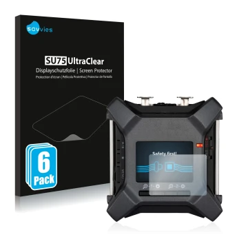 Front side of a product packaging with the brand logo Savvies. Next to it is the device Zoom F3 field recorder shown with the 