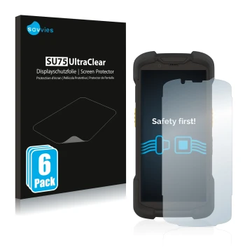 Front side of a product packaging with the brand logo Savvies. Next to it is the device Zebra TC73 shown with the correspondin