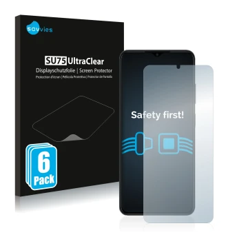 Front side of a product packaging with the brand logo Savvies. Next to it is the device ZTE Blade V40 Design shown with the co