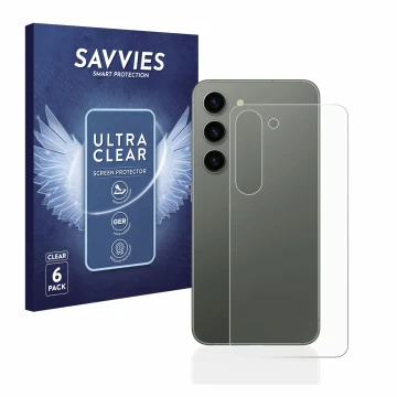 Front side of a product packaging with the brand logo Savvies. Next to it is the device Samsung Galaxy S23 (Back) shown with t