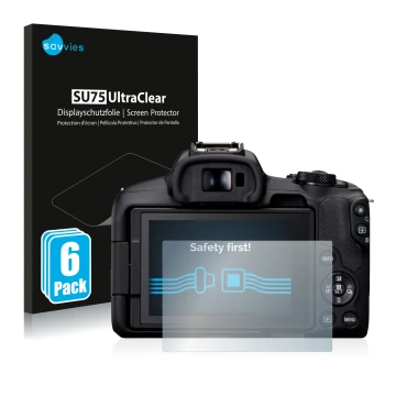 Front side of a product packaging with the brand logo Savvies. Next to it is the device Canon EOS R50 shown with the correspon