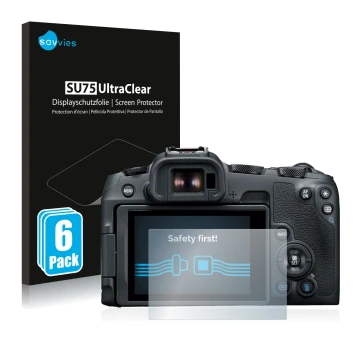 Front side of a product packaging with the brand logo Savvies. Next to it is the device Canon EOS R8 shown with the correspond