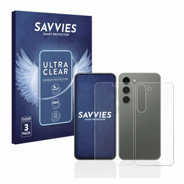Front side of a product packaging with the brand logo Savvies. Next to it is the device Samsung Galaxy S23 (Front+Back) shown 
