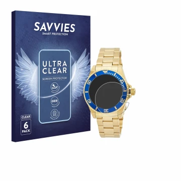 Front side of a product packaging with the brand logo Savvies. Next to it is the device Invicta Pro Diver 8930OB (40mm) shown 