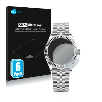 Front side of a product packaging with the brand logo Savvies. Next to it is the device Rolex Datejust 31 shown with the corre