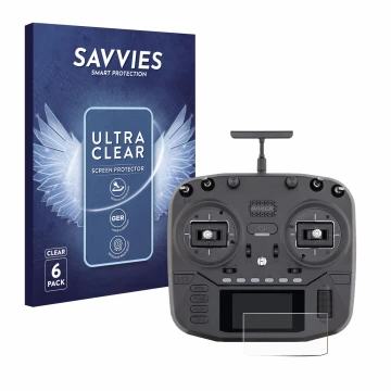 Front side of a product packaging with the brand logo Savvies. Next to it is the device Radiomaster Boxer shown with the corre
