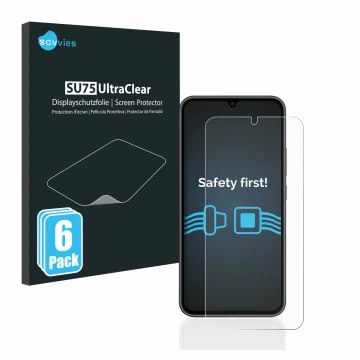 Front side of a product packaging with the brand logo Savvies. Next to it is the device Samsung Galaxy A34 5G shown with the c