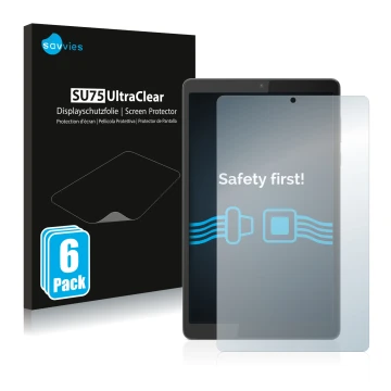 Front side of a product packaging with the brand logo Savvies. Next to it is the device Lenovo Tab M8 (4th Gen.) shown with th