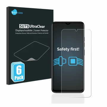 Front side of a product packaging with the brand logo Savvies. Next to it is the device Tecno Spark Go 2023 shown with the cor