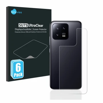 Front side of a product packaging with the brand logo Savvies. Next to it is the device Xiaomi 13 (Back) shown with the corres