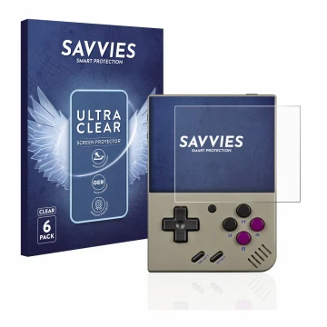 Front side of a product packaging with the brand logo Savvies. Next to it is the device Miyoo Mini Plus shown with the corresp