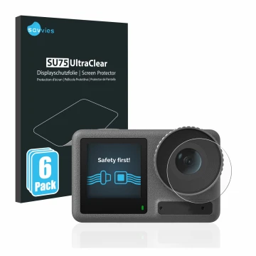 Front side of a product packaging with the brand logo Savvies. Next to it is the device DJI Osmo Action 3 (Lens) shown with th