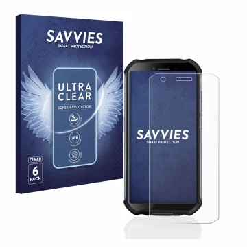 Front side of a product packaging with the brand logo Savvies. Next to it is the device Doogee S41 shown with the correspondin