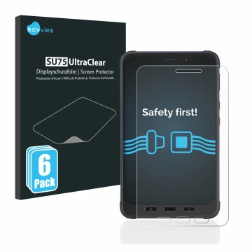 Front side of a product packaging with the brand logo Savvies. Next to it is the device Samsung Galaxy Tab Active 3 Enterprise