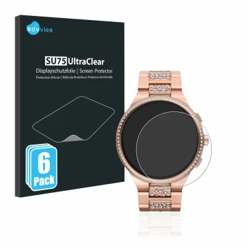Front side of a product packaging with the brand logo Savvies. Next to it is the device Michael Kors Camille Gen 6 MKT5147 sho