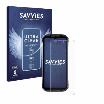 Front side of a product packaging with the brand logo Savvies. Next to it is the device Doogee S100 shown with the correspondi