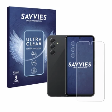 Front side of a product packaging with the brand logo Savvies. Next to it is the device Samsung Galaxy A54 5G (Front+Camera) s