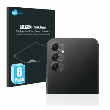 Front side of a product packaging with the brand logo Savvies. Next to it is the device Samsung Galaxy A34 5G (ONLY Camera Len