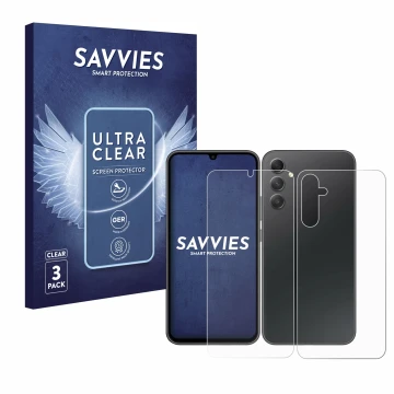 Front side of a product packaging with the brand logo Savvies. Next to it is the device Samsung Galaxy A34 5G (Front+Back) sho
