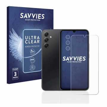 Front side of a product packaging with the brand logo Savvies. Next to it is the device Samsung Galaxy A34 5G (Front+Camera) s