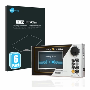 Front side of a product packaging with the brand logo Savvies. Next to it is the device Rover TAB 5 ULTRA shown with the corre