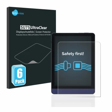 Front side of a product packaging with the brand logo Savvies. Next to it is the device Meebook M6 6
