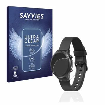 Front side of a product packaging with the brand logo Savvies. Next to it is the device Doro Watch shown with the correspondin