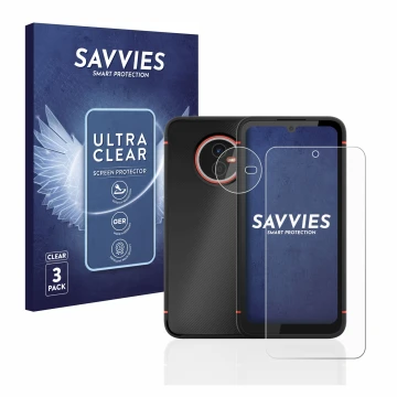 Front side of a product packaging with the brand logo Savvies. Next to it is the device Gigaset GX4 (Front+Camera) shown with 
