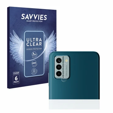 Front side of a product packaging with the brand logo Savvies. Next to it is the device Nokia G22 (ONLY Camera Lens) shown wit