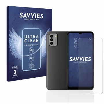 Front side of a product packaging with the brand logo Savvies. Next to it is the device Nokia G22 (Front+Camera) shown with th