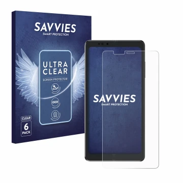 Front side of a product packaging with the brand logo Savvies. Next to it is the device Hisense A9 shown with the correspondin