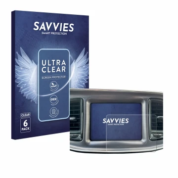 Front side of a product packaging with the brand logo Savvies. Next to it is the device Dodge Challenger Uconnect 8.4