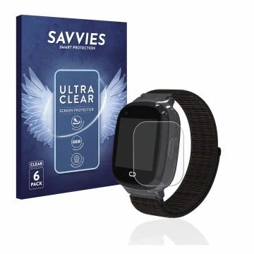 Front side of a product packaging with the brand logo Savvies. Next to it is the device Pthtechus 4G GPS T30 shown with the co