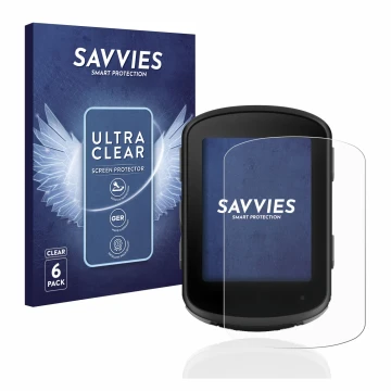 Front side of a product packaging with the brand logo Savvies. Next to it is the device Garmin Edge 840 shown with the corresp