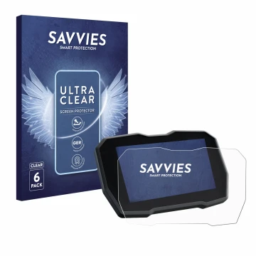 Front side of a product packaging with the brand logo Savvies. Next to it is the device Ducati Multistrada V4 2021+ shown with