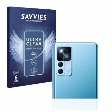 Front side of a product packaging with the brand logo Savvies. Next to it is the device Xiaomi 12T (ONLY Camera Lens) shown wi