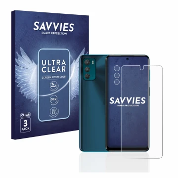 Front side of a product packaging with the brand logo Savvies. Next to it is the device Motorola Moto G42 (Front+Camera) shown