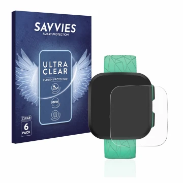 Front side of a product packaging with the brand logo Savvies. Next to it is the device Garmin Bounce shown with the correspon