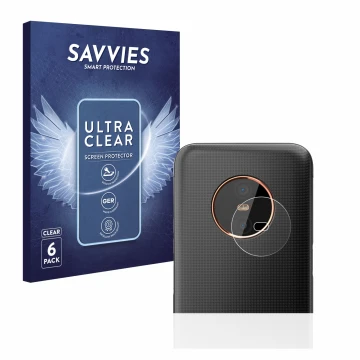 Front side of a product packaging with the brand logo Savvies. Next to it is the device Gigaset GX6 (ONLY Camera Lens) shown w