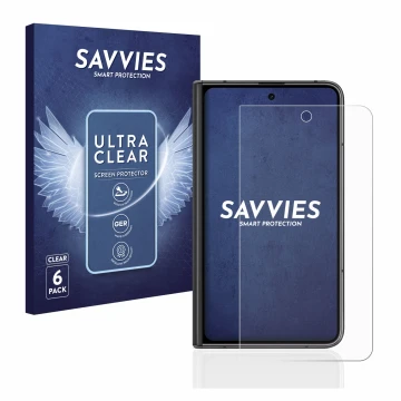 Front side of a product packaging with the brand logo Savvies. Next to it is the device Google Pixel Fold (Outer display) show